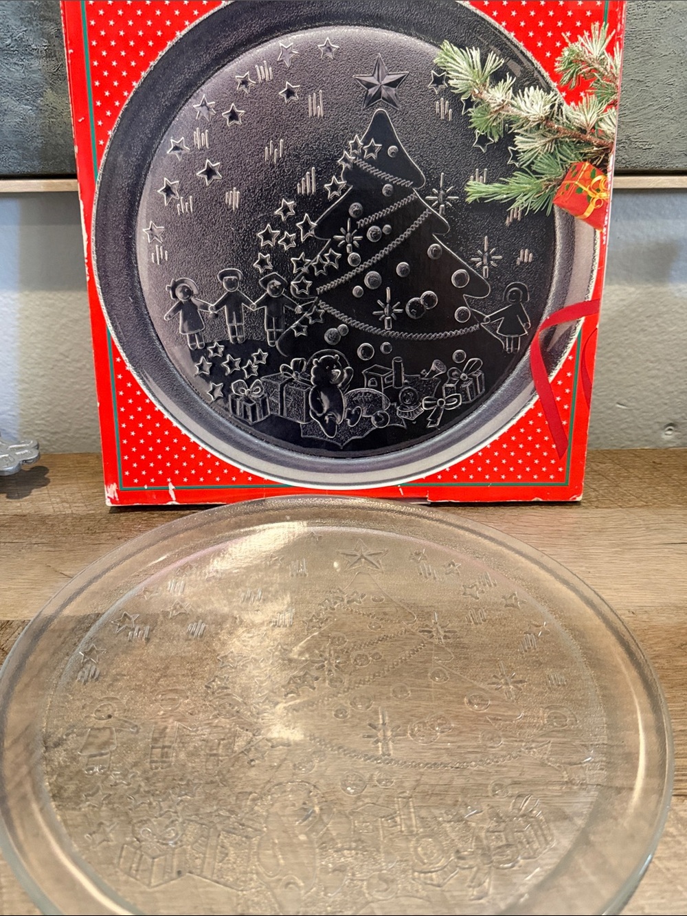 Clear Glass Holiday Serving Platter with Embossed Christmas Tree Design